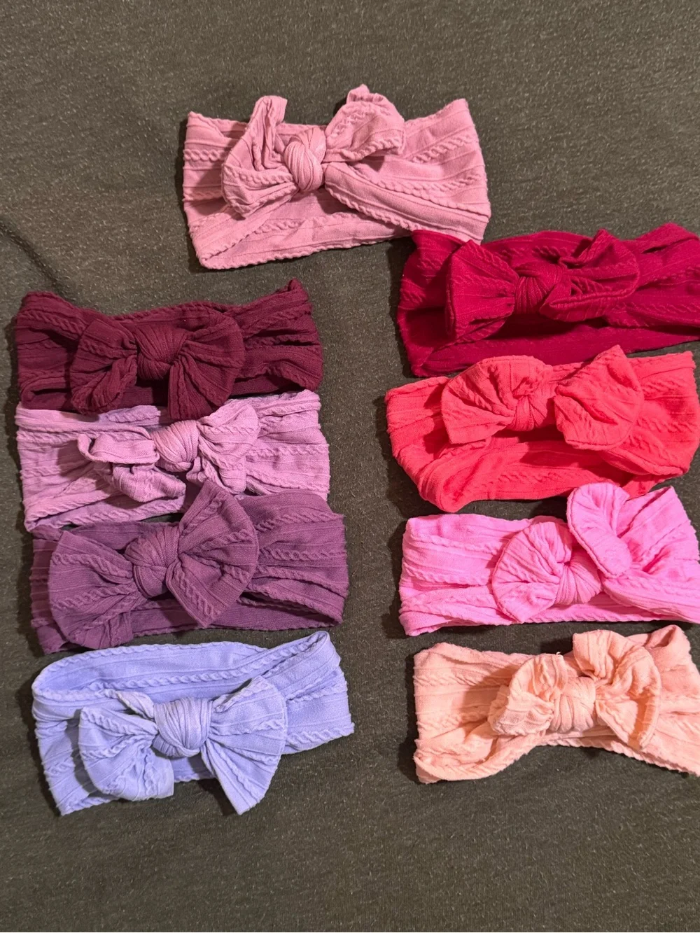Cable knit (10) bows - purples and pinks/reds USED